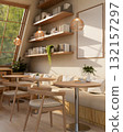 Wooden stool table with glasses on the books and armchair with fabric sofa under roof window. 132157297