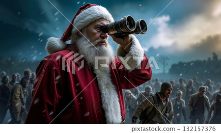 A man dressed as Santa Claus looking through binoculars in front of a crowd of people 132157376