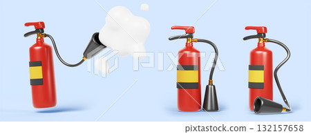 3d foam fire extinguisher cartoon isolated render icon. Chemical firefighter equipment set with liquid flow of powder or aerosol. Emergency red container tool for rescue with button. 3D illustration 132157658