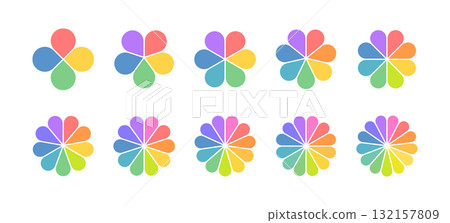 Flower petal diagram set. Infographic circle icon. Pie simple chart. Flower leave shape geometric graphic element. Multicolor round wheel chart. Color vector illustration isolated on white background Flower petal diagram set. Infographic circle icon. Pie simple chart. Flower leave shape geometric graphic element. Multicolor round wheel chart. Color vector illustration isolated on white background 132157809