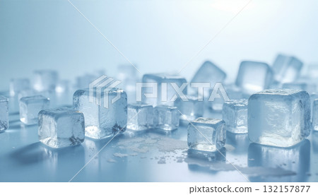 Square ice cubes falling on blue background, summer drinks, refreshing sensation related product promotion horizontal sea news bulletin board background material sheet 132157877