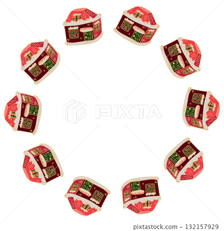 Christmas wreath with red decorative house, card border doodle style isolated on white background 132157929