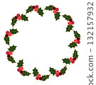 Christmas holly wreath frame, decorative border doodle style isolated on white background 132157932