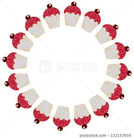 Christmas wreath with muffins, decorative border doodle style isolated on white background 132157939