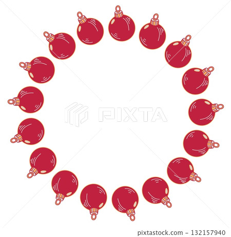 Christmas wreath with red baubles, decorative border doodle style isolated on white background 132157940