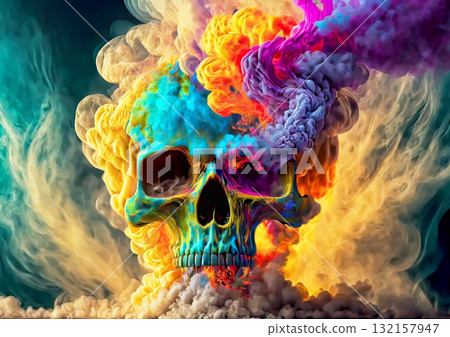 帶有旋轉煙霧的抽象頭骨的 3D 插圖 帶有旋轉煙霧的抽象頭骨的 3D 插圖 132157947