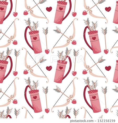 Romantic Valentine Seamless Pattern with Cupid's Bow, Arrow and Quiver. Love Theme Background for Gift Wrap, Textile and Romantic Design. Repeat Texture for Valentines Day. Romantic Valentine Seamless Pattern with Cupid's Bow, Arrow and Quiver. Love Theme Background for Gift Wrap, Textile and Romantic Design. Repeat Texture for Valentines Day. 132158159
