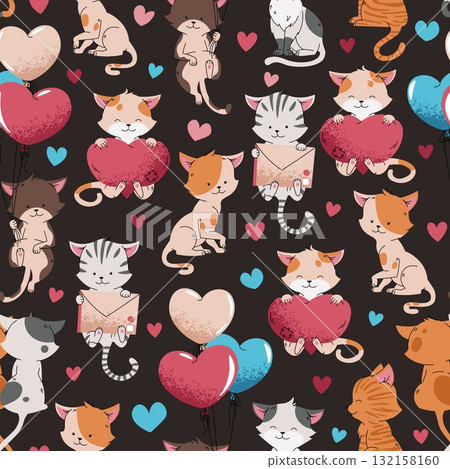 Cute Cats Seamless Pattern. Couple in Love, Animals with Flying Balloon, Gift Box and Heart Bouquet. Flat Design Valentine Background for Gift Wrap, Textile and Romantic Packaging. 132158160