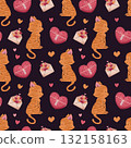 Cute Cat with Love Letter and Hearts Seamless Pattern. Flat Design Valentine Repeat Background for Gift Wrap, Textile, Wallpaper and Romantic Design 132158163
