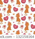 Cute Cat with Love Letter and Hearts Seamless Pattern. Flat Design Valentine Repeat Background for Gift Wrap, Textile, Wallpaper and Romantic Design 132158164