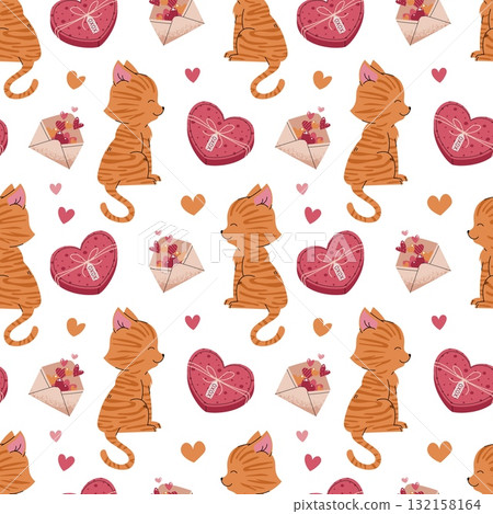 Cute Cat with Love Letter and Hearts Seamless Pattern. Flat Design Valentine Repeat Background for Gift Wrap, Textile, Wallpaper and Romantic Design 132158164