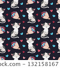 Cute Cat with Bouquet of Hearts Seamless Pattern. Flat Design Valentine Background for Gift Wrap, Textile, Stationery and Romantic Design Projects 132158167