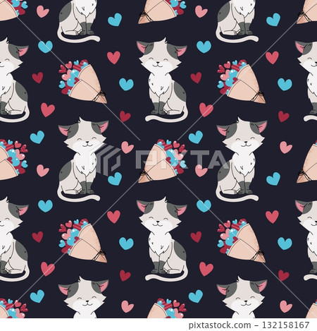 Cute Cat with Bouquet of Hearts Seamless Pattern. Flat Design Valentine Background for Gift Wrap, Textile, Stationery and Romantic Design Projects Cute Cat with Bouquet of Hearts Seamless Pattern. Flat Design Valentine Background for Gift Wrap, Textile, Stationery and Romantic Design Projects 132158167