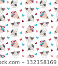 Cute Cat with Bouquet of Hearts Seamless Pattern. Flat Design Valentine Background for Gift Wrap, Textile, Stationery and Romantic Design Projects 132158169