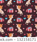 Cute Cat with Gift Box and Hearts Seamless Pattern. Flat Design Valentine Background for Gift Wrap, Textile, Packaging and Romantic Design Projects 132158171