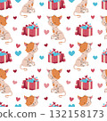 Cute Cat with Gift Box and Hearts Seamless Pattern. Flat Design Valentine Background for Gift Wrap, Textile, Packaging and Romantic Design Projects 132158173