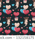 Cute Cat Flying on Heart Balloon Seamless Pattern. Flat Design Valentine Background for Gift Wrap, Nursery Textile, Wallpaper and Romantic Decor 132158175