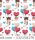 Cute Cat Flying on Heart Balloon Seamless Pattern. Flat Design Valentine Background for Gift Wrap, Nursery Textile, Wallpaper and Romantic Decor 132158176