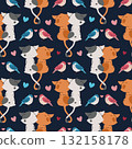 Cute Couple Cats in Love Seamless Pattern with Birds and Hearts. Flat Design Valentine Background for Gift Wrap, Textile, Wallpaper and Romantic Decor 132158178