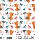 Cute Couple Cats in Love Seamless Pattern with Birds and Hearts. Flat Design Valentine Background for Gift Wrap, Textile, Wallpaper and Romantic Decor 132158180