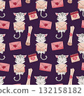 Cute Cat with Love Letter and Hearts Seamless Pattern. Flat Design Valentine's Repeat Background for Gift Wrap, Textile, Wallpaper and Romantic Design 132158182