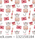 Cute Cat with Love Letter and Hearts Seamless Pattern. Flat Design Valentine's Repeat Background for Gift Wrap, Textile, Wallpaper and Romantic Design 132158184