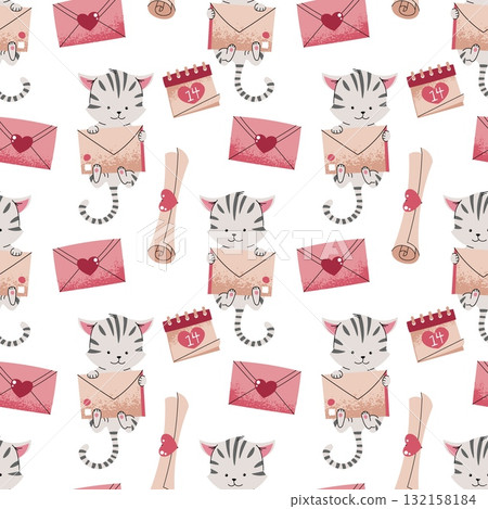 Cute Cat with Love Letter and Hearts Seamless Pattern. Flat Design Valentine's Repeat Background for Gift Wrap, Textile, Wallpaper and Romantic Design Cute Cat with Love Letter and Hearts Seamless Pattern. Flat Design Valentine's Repeat Background for Gift Wrap, Textile, Wallpaper and Romantic Design 132158184