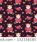 Cute Valentine Seamless Pattern with Kitten Hugging Heart. Flat Design Love Background for Gift Wrap, Textile, Wallpaper and Romantic Design 132158185