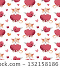 Cute Valentine Seamless Pattern with Kitten Hugging Heart. Flat Design Love Background for Gift Wrap, Textile, Wallpaper and Romantic Design 132158186