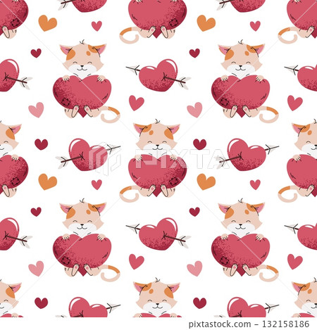 Cute Valentine Seamless Pattern with Kitten Hugging Heart. Flat Design Love Background for Gift Wrap, Textile, Wallpaper and Romantic Design 132158186