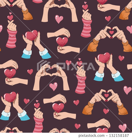 Romantic Valentine Seamless Pattern with Hand Drawn Heart Gestures. Love Theme Background for Gift Wrap, Textile and Relationship Design. Repeat Background for Valentines Day 132158187