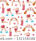 Romantic Valentine Seamless Pattern with Hand Drawn Heart Gestures. Love Theme Background for Gift Wrap, Textile and Relationship Design. Repeat Background for Valentines Day 132158188