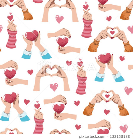Romantic Valentine Seamless Pattern with Hand Drawn Heart Gestures. Love Theme Background for Gift Wrap, Textile and Relationship Design. Repeat Background for Valentines Day 132158188