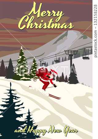 Santa Claus skiing in snow mountains with a sack full gifts, travel poste Santa Claus skiing in snow mountains with a sack full gifts, travel poste 132158228