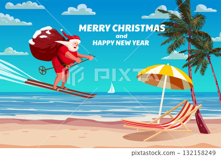 Merry Christmas card, Santa Claus in the swimsuit on the ski flying on the resort tropical 132158249