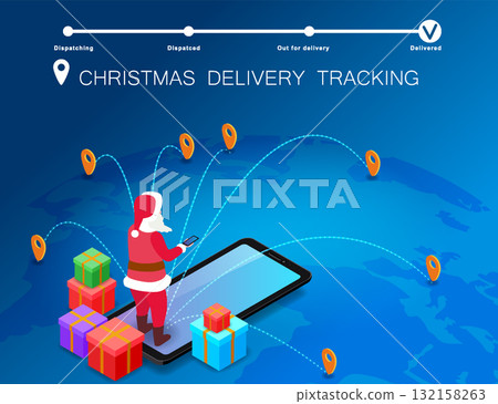 Christmas delivery, Santa Claus tracking gift box on global Earth map Christmas delivery, Santa Claus tracking gift box on global Earth map 132158263