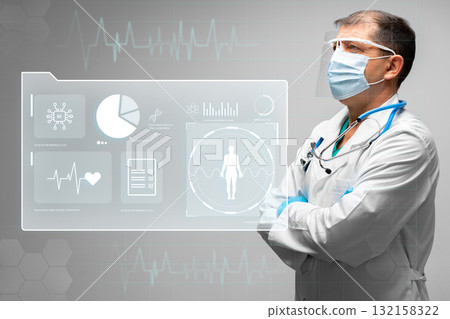 Healthcare professional analyzes patient data in modern medical facility 132158322