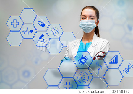 Healthcare professional in mask stands confidently with medical icons in background Healthcare professional in mask stands confidently with medical icons in background 132158332
