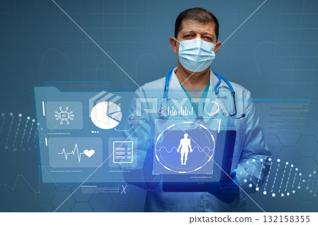 Medical professional examines health data with digital technology in a clinical setting Medical professional examines health data with digital technology in a clinical setting 132158355