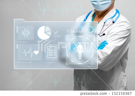 Healthcare professional interacting with digital health data in a modern clinic setting Healthcare professional interacting with digital health data in a modern clinic setting 132158367