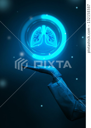Health expert demonstrating digital lungs model in a modern medical setting 132158387