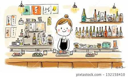 Illustration of a female hostess serving food at the counter of a small restaurant 132158410