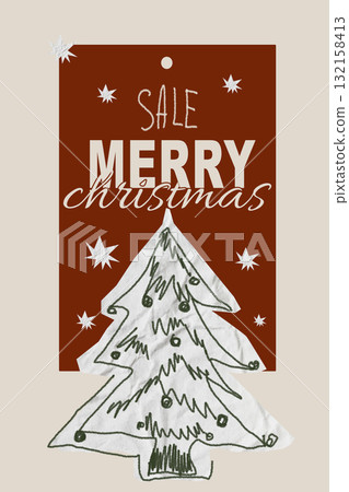 Holiday sale sign with a playful Christmas tree design and festive stars 132158413