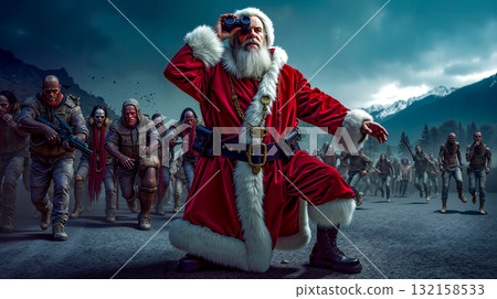 A man dressed as Santa Claus standing in front of a group of zombies 132158533