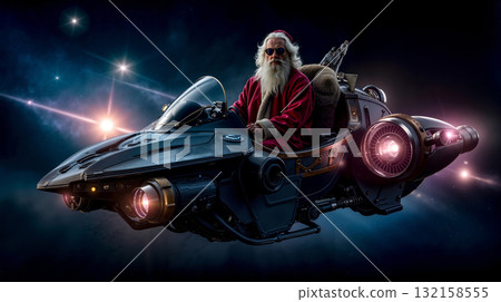 A man in a santa claus outfit riding a motorcycle in space 132158555