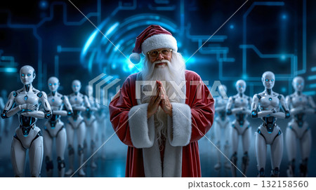 A man dressed as Santa Claus standing in front of a line of robots A man dressed as Santa Claus standing in front of a line of robots 132158560