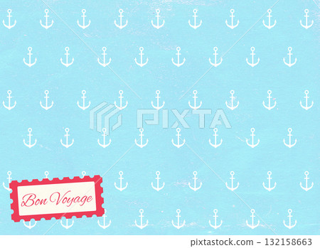 Horizontal travel background with retro paper texture of blue color with anchors pattern. Topic of travel, trip abroad on vacation, cruises and tours. Bon Voyage - Have a nice trip, in French 132158663
