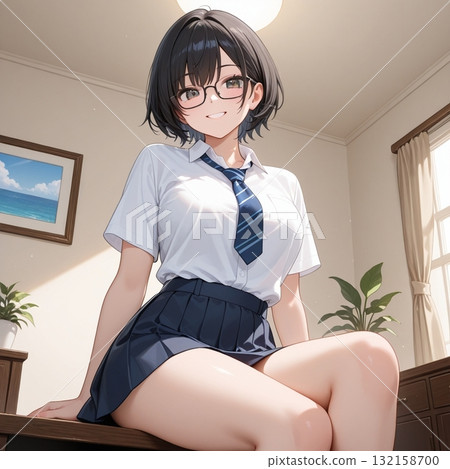 A woman with short hair and glasses looking down 132158700