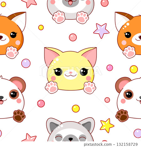 Seamless background with cute animals. Tiling baby backdrop with fox, cat, panda, puppy. Endless texture can be used for pattern fills, web page background, fabric design. Vector illustration EPS8 132158729
