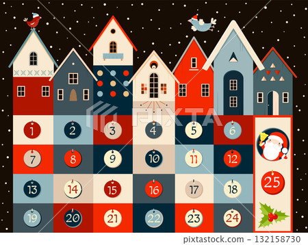 Christmas advent calendar with cute Santa, cozy wooden houses and birds. A charming cartoon Christmas advent calendar in retro style. Set of winter holiday xmas tags with numbers. Vector EPS8 132158730